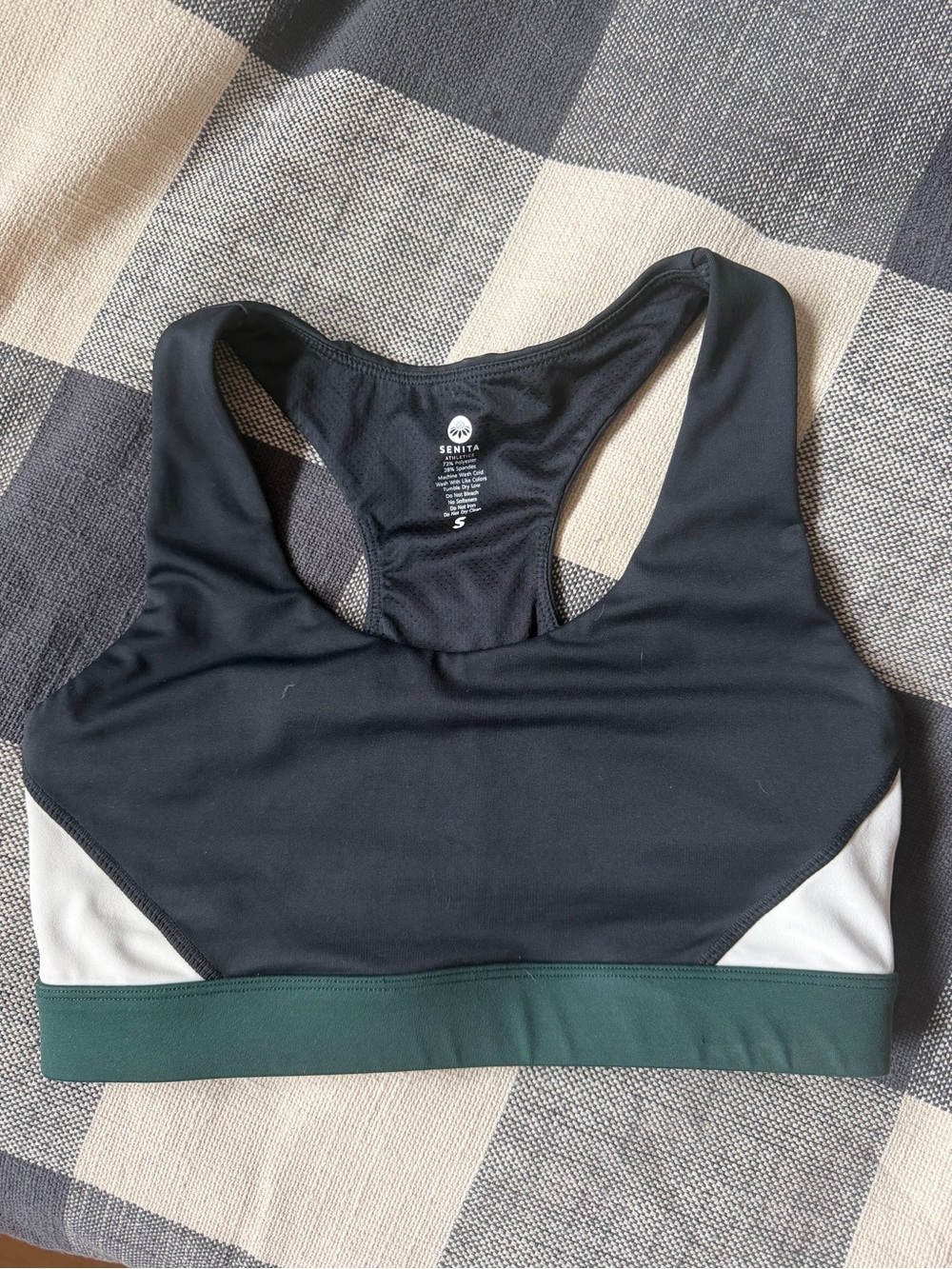 Senita Athletics Black Sports Bra with Green Band and White Panels